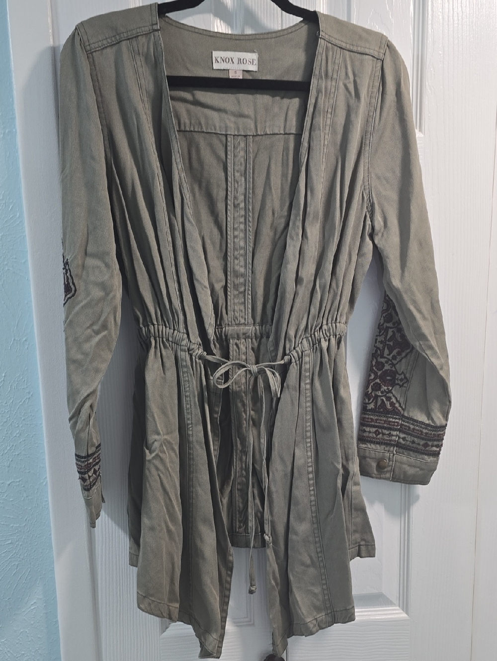 Knox Rose Olive Green Drawstring Jacket with Embroidered Sleeves